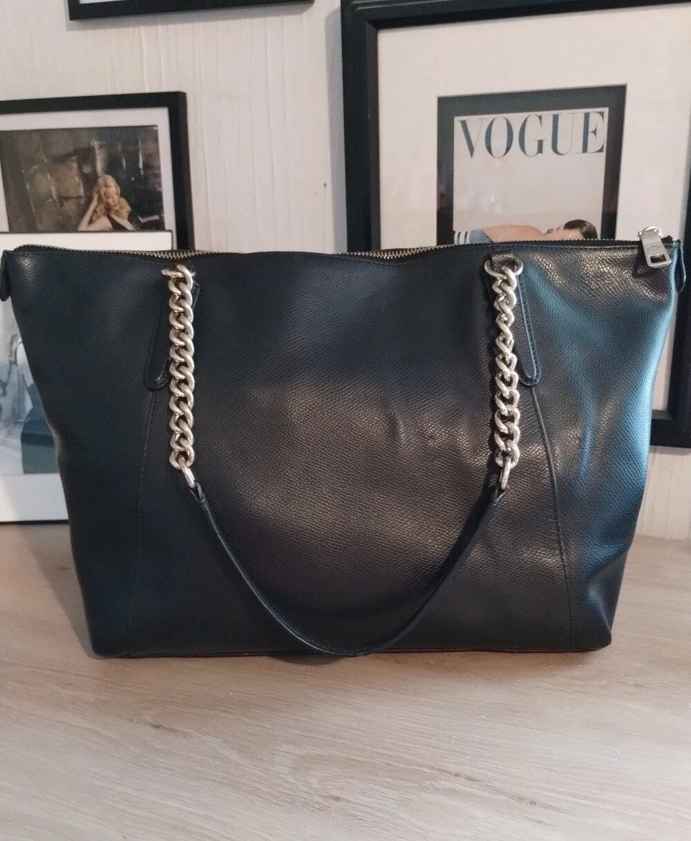 Coach Ava Black Leather Tote with Chain-Detail Straps